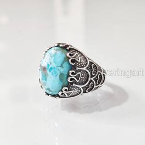 Grossiste Bague pour homme Bague en argent sterling 925 avec pierre précieuse turquoise naturelle Bague de naissance de décembre Toutes tailles Bijoux de fête arabes - Product Image 2