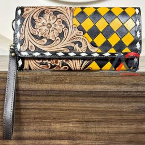 Portefeuille long en cuir véritable, artisanal, à motifs à carreaux, design floral occidental, porte-monnaie pour femme, pochette - Product Image 1