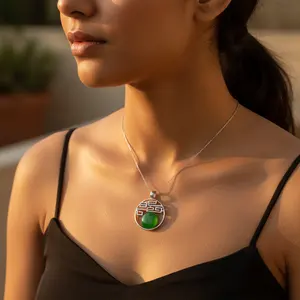 "Platinum Rhodium-Plated Geometric Pendant Necklace for Women with <b>Emerald</b> & Zircon Gemstones" - Product Image 1