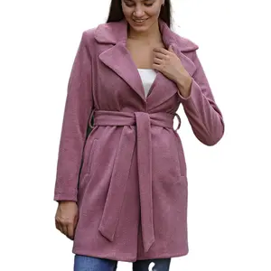 Turkish Quality Women's Coat Double Collar Belted Pockets Knee-length Pink Women's Coat Comfortable and Stylish Coat For Winter