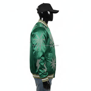 Women Premium Satin Jacket in Green with Shiny Smooth <b>Fabric</b> Rhinestone Logo and <b>Spark</b> Star Panel Design Women Satin Jackets - Product Image 3