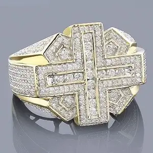 Hip Hop Moissanite Phòng Thí Nghiệm Grown Christian Tôn Giáo Chúa Giêsu Chữ Thập Kim Cương Nhẫn Prong Thiết Lập 14K 18K Vàng Tinh Khiết Nhẫn Đồ Trang Sức Mỹ