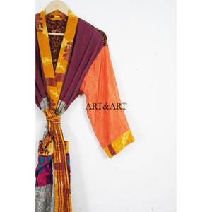 Women High Quality Soft Vintage Thermal Silk <b>Maternity</b> Gown Recycled Indian Silk Sari Kimono 2 Pocket Front Side Belt Bohemian - Product Image 3