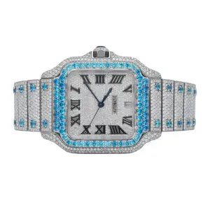 Stylish White Blue Moissanite Fully Iced Out Watch Automatic Hip Hop Watch With Roman Numerals and Date Dial from India