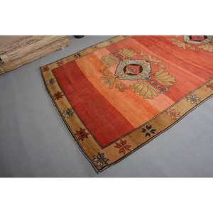 Tapis en laine turque vintage classique 5 'X 12.8' Orange Beige Patchwork Design grand rectangle en latex pour le couloir des adolescents - Product Image 4