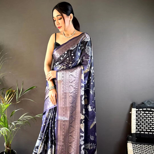 Saree en soie Jacquard élégant pour adultes saison d'hiver riche travail lourd motif floral Style ethnique pour les festivals mariages fêtes - Product Image 1