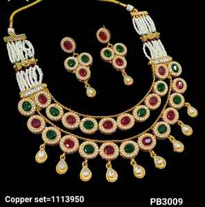 Oval Shape Beautiful Elegant Kundan Studded & Pearl Studded Dangle Gold Plated Copper <b>Wedding</b> <b>Jewellery</b> With Earrings Womens - Product Image 1