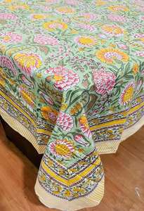 Handcrafted 100% Cotton Tablecloth Hand Block Printed Traditional Floral Artisan Design Elegant Floral Printed <b>Table</b> <b>Cover</b> - Product Image 2