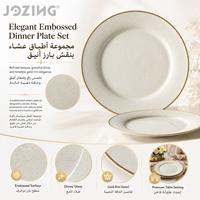 Assiettes de table en porcelaine blanche de luxe avec bord doré, motif floral en relief, vaisselle en céramique, vente en gros, stock disponible