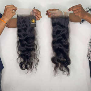 Ligne de cheveux naturelle 13x6 13x4 fermeture frontale en dentelle avec des faisceaux de cheveux bouclés bruts, faisceau de cheveux humains vierges de haute qualité - Product Image 1