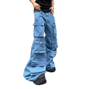 Jeans en denim délavé ample pour homme de haute qualité, streetwear, mode, poches cargo personnalisées, boutons, rivets, coupe ample - Product Image 4
