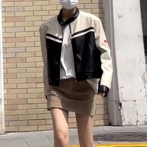 Chaqueta de cuero de motocicleta recortada de estilo americano para mujer nueva primavera otoño moda negro blanco Color bloqueo caliente Top - Product Image 6