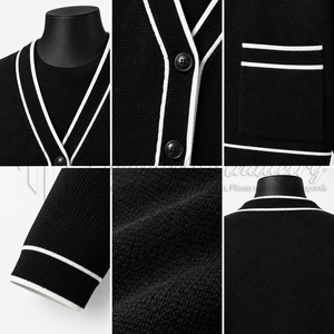 Cardigan en maille noir à col en V pour homme avec bordure rayée blanche et boutons sur le devant – Vente en gros - Product Image 6