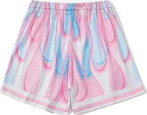 Shorts de basket-ball pour hommes, style streetwear, décontractés, pour l'entraînement, athlétiques, en maille, imprimé graphique flamme, respirants, séchage rapide, service OEM - Product Image 2