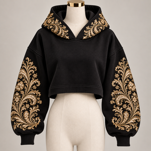 Sudadera con Capucha Oversize para Mujer, Negra con Bordado Dorado y Patrón Paisley, Hombros Caídos, Estilo Crop Top, 100% Algodón Tejido, Sudadera de Otoño - Product Image 3