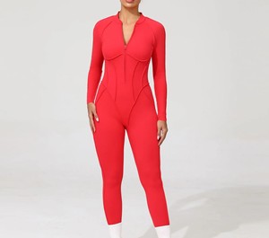 Combinaison de sport pour femme, gym, yoga, longueur entière, manches longues, spandex/nylon, demi-zip, trous pour les doigts, respirante, ajustée, nouveau design - Product Image 2