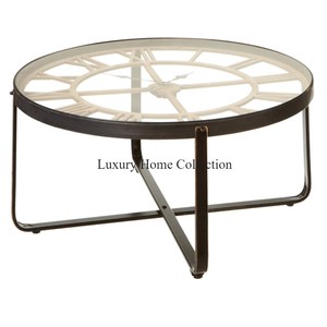 Table basse en métal dernier design avec cadre enduit de poudre de couleur noire et dessus de forme ronde avec verre et horloge à l'intérieur fait à la main - Product Image 1