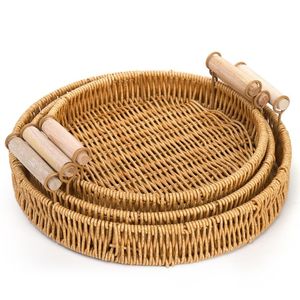 Plateau de service en jute de rotin décoratif fait à la main avec finition en incrustation d'os Ensemble de 3 plateaux de serveur de nourriture de forme arrondie - Product Image 4