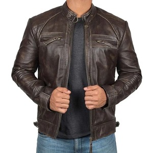Chaqueta de motocicleta impermeable a prueba de viento con cuello vuelto ajustada de lona de cuero genuino para hombre a la moda con cremallera diagonal - Product Image 1