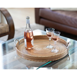 Bandeja de servicio de ratán con asas de cubiertos de metal para el hogar y utensilios de cocina Bandeja de servicio redonda tejida de mesa para la venta - Product Image 2