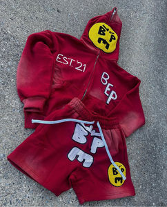 Ropa de calle personalizada para hombre, chándal vintage desteñido al sol, sudadera transpirable, conjunto corto de sudor, diseño tejido bordado personalizado - Product Image 1