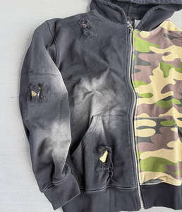 Sweat à capuche zippé personnalisé par le fabricant, imprimé camouflage patchwork, délavé à l'acide, style streetwear, color block, vintage - Product Image 2