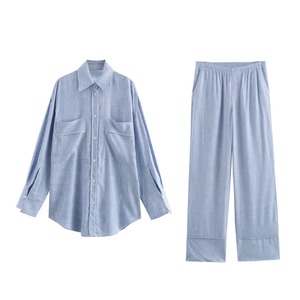 Para mujer, traje a rayas de moda informal Vintage para mujer, camisa de manga larga con un solo pecho, pantalones sueltos, nuevo traje de moda - Product Image 6