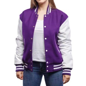 Logo personnalisé imprimé Letterman Varsity veste pour femmes prix de gros en peau de mouton en cuir respirant coton rembourrage laine doublure - Product Image 3