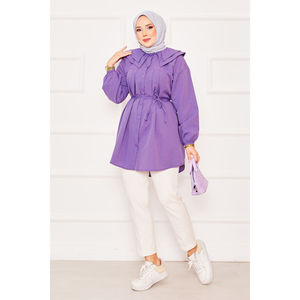 Purple Modest <b>Tops</b> Double Collar Hijab Shirt with Drawstring Waist Comfortable and Stylish - Product Image 4