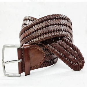 Premium Dark Brown <b>Braided</b> Woven Genuine Leather Waist Strap Belt Adjustable Outdoor Sports Casual Fashion <b>Accessory</b> with Steel - Product Image 1