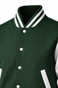 แจ็คเก็ตวาร์ซิตี้สีเขียวขาวแบบกำหนดเอง แจ็คเก็ตเบสบอลแบบ Letterman ตัวเสื้อทำจากผ้าขนสัตว์ แขนเสื้อทำจากหนัง PU ผู้ผลิต OEM รับผลิตแบรนด์ส่วนตัว - Product Image 3