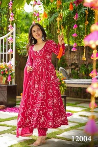 Muselina Digital Impreso Totalmente Acampanado Vestido Sin Mangas Diseño A Juego Georgette Dupatta para Bodas Fiestas Ocasiones-Reversible - Product Image 5