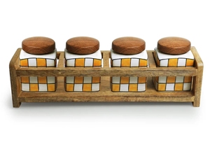 Shatranj ขวดโหลและภาชนะใส่ของอเนกประสงค์ลายตารางเซรามิคพร้อมชุดที่วางไม้4ชิ้นแบบสุญญากาศ - Product Image 3