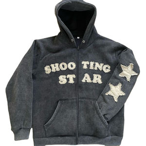 Sweat à capuche unique de style streetwear, séchage rapide, vintage, délavé à l'acide, décontracté, respirant, avec broderie de patchs usés, fermeture éclair, pour hommes - Product Image 3