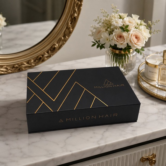 Black Art Paper Rigid Box with Embossing Custom Logo for Wig Hair Extension and Photo Frame Luxury Gift Packaging