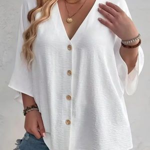 Camiseta de Talla Grande para Mujer, Cuello en V, Color Sólido, 100% Algodón, Material Transpirable para Viajes de Primavera/Verano, Ropa Casual - Product Image 1