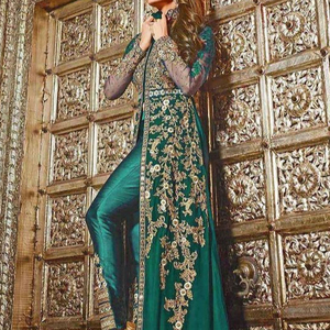 NEW STYLISH LONG <b>JACKET</b> WITH PANT DRESS EMBELLISH WITH BEAUTIFUL CRYSTAL GLASS BEADS,DABKA ,WORK for Party-WEAR/WEDDING @ 2022 - Product Image 1