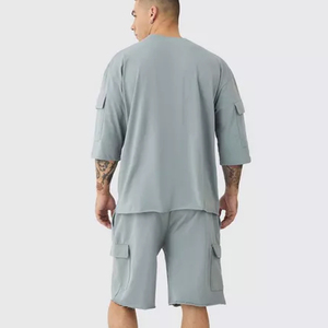 Ensemble décontracté deux pièces grande taille pour homme avec logo personnalisé, respirant, comprenant une chemise unie et un short - Product Image 5