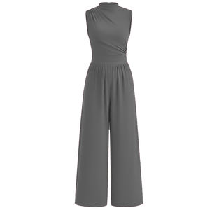 Combinaison sans manches pour femmes, col rond, une pièce, barboteuse, jambe large, tenue d'été en tricot solide avec poches - Product Image 2