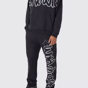 Custom <b>Distressed</b> Embroidered Acid Washed Hoodie and Sweat Pants Set Flared Stacked Tracksuit Sweatsuits with Flare Pants - Product Image 5