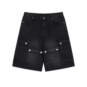 Venta al por mayor de pantalones cortos de mezclilla holgados personalizados para hombre Vintage empalme desteñido Streetwear recortado pantalones cortos de mezclilla desgastados de gran tamaño para los hombres - Product Image 1