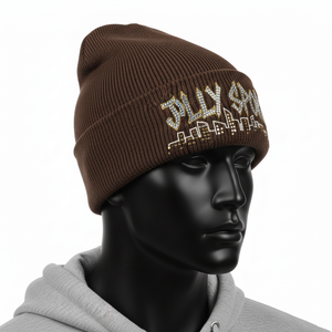 Bonnet en tricot jacquard de style urbain avec logo en strass personnalisé en transfert thermique, en acrylique extensible de qualité supérieure 250 GSM, ton brun - Product Image 4