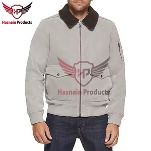 <b>Mens</b> Grey Leather Bomber <b>Jacket</b> With <b>Shearling</b> Collar Genuine Lambskin Flight <b>Jacket</b> Winter Casual Outerwear - Product Image 5