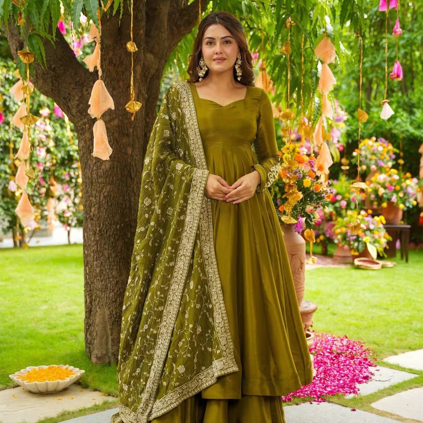 white christmas dresses Cotton Silk Dark Green Anarkali Suit Set main image 1