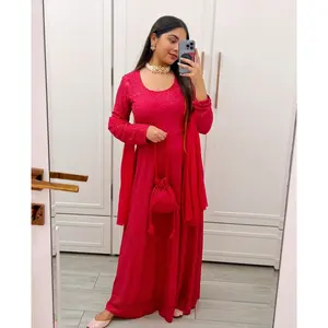 Conjunto de 3 Piezas para Mujer, Estilo Casual, Bordado Chikankari, Algodón Rosa, Manga Larga, Estilo Tradicional Indio, Secado Rápido, Transpirable - Product Image 1