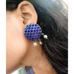 Stone Work Oxidised <b>Silver</b> Stone Work Round <b>Stud</b> Earrings for Casual Party Wear Handmade Bulk Product - Product Image 2