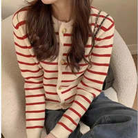 Gestreifter Strick-Cardigan für Damen, Winter, V-Ausschnitt, einreihig, lange Ärmel, normale Passform, modisch, lässig, schick, schlicht, 220g Pullover