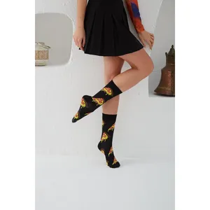 Black Pizza Slice <b>Cartoon</b> Patterned <b>Socks</b> Breathable Lightweight Nylon Silk Custom Logo One Size Fits All for Spring Daily Use - Product Image 3