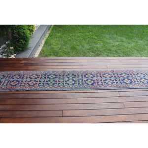 Alfombra Vintage de 1.4x9.8 pies, Alfombra Turca Azul a Cuadros de Lana - Product Image 3