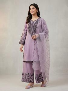 Conjunto de Top de Algodón con Bordado de Diseño y Dupatta y Plazzo, Completamente Cosido y Listo para Usar - Product Image 1